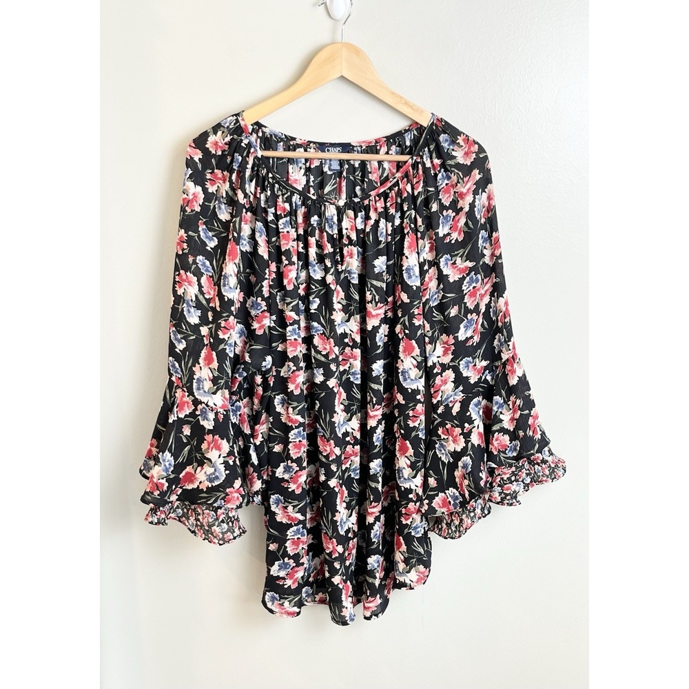 Chaps Women's Sz 2XL Sheer Dark Floral Blouse Bell Sleeve Keyhole Neck Whimsey‎